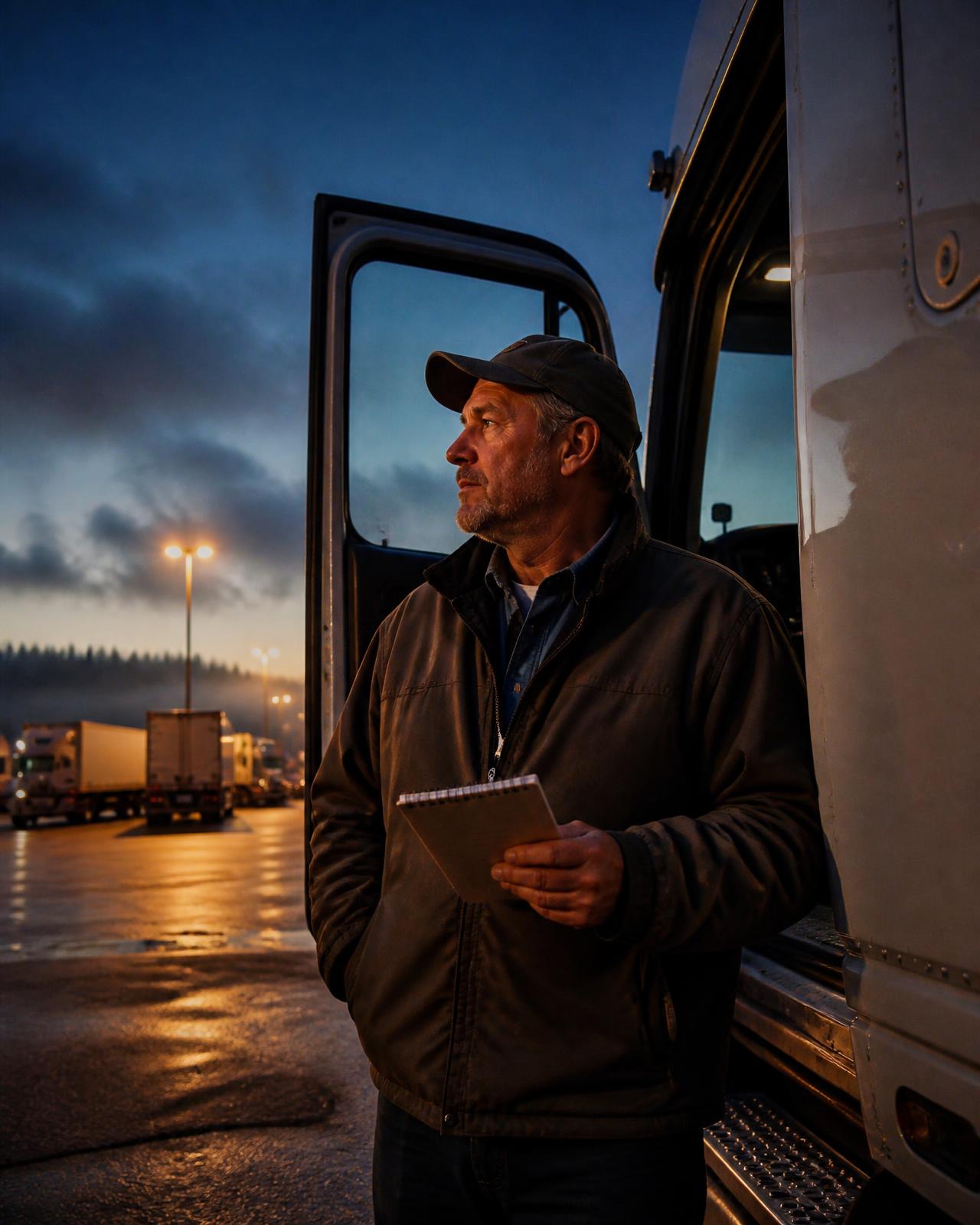 Truck driver standing beside his semi at a truck stop at dusk, holding a notebook